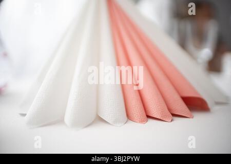Elegante und schön gefaltete Servietten sorgen für stilvolle Tischeinstellungen für jeden Anlass Stockfoto