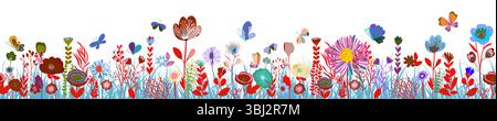 Horizontale Abstraktion nahtloses Banner mit blühenden Blumen und Blättern. Frühlingsblumen im Hintergrund mit Schmetterlingen. Illustration des flachen Vektors Stock Vektor