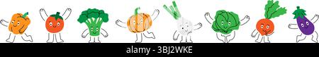 Pflanzliche Zeichen. Lustige Gemüsemaskottchen. Verschiedene Posen und Ausdrücke. Gesunde Ernährung. Verschiedene Doodle Gemüse Aufkleber Pack Design. Stock Vektor