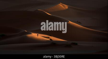 In den großen roten Sanddünen von Sossusvlei, Namib Naukluft Nationalpark, Namibia bei Sonnenaufgang, wird eine Einzelfigur als Maßstab gesetzt. Stockfoto