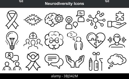 „Neurodiversitätssymbole“ – Kunstset „Black Line“ Stock Vektor