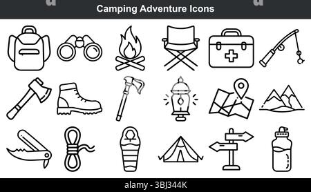 Camping Adventure Icons Black Line Art Stock Vektor