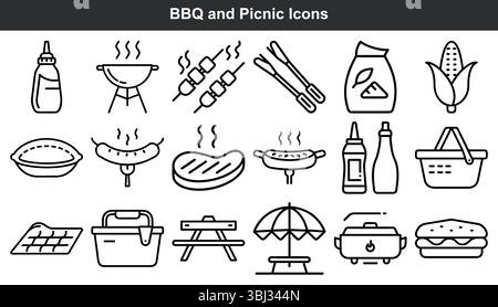 B Q Picknicksymbole Schwarze weiße Strichkunst Stock Vektor