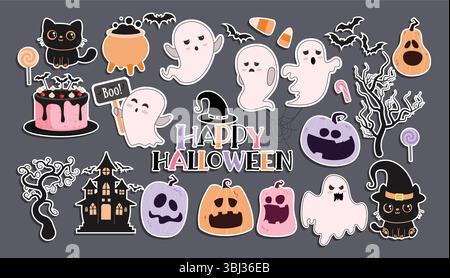 Halloween Charaktere Aufkleber Elemente Clipart Set. Halloween Sticker Elements Kollektion wie Geister, Kürbisse, Spukhaus und Katzen Clip Art Stock Vektor