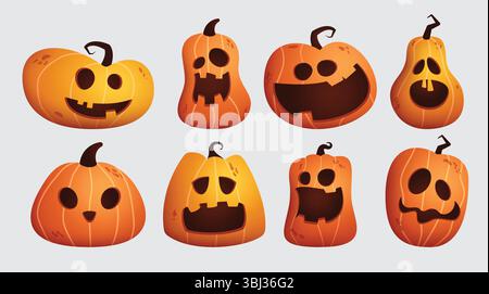 Halloween Kürbis Charaktere Clipart Set. Halloween Jack O Laterne orangefarbene Kürbisse Figur Clip Art mit lustigen, süßen, gruseligen und gruseligen Gesichtern Stock Vektor