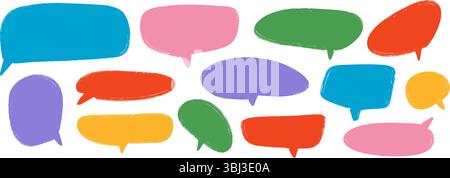 Farbige handgezeichnete Sprechblasen-Sammlung. Dialogfeldgruppe mit gekritzelten Markierungen. Strukturierte Comic-Talk-Frames. Hell skizziertes Chatbox-Paket. Textfeld-Paket mit rotem, blauem und grünem Ballon. Vektor Stock Vektor