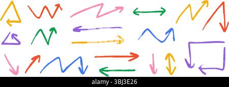 Handgezeichnete Buntstift-Pfeilsammlung. Bunte Zickzack- und geradlinige Pfeile gesetzt. Scharfe Zeiger und Richtungslinien in anthrazitfarbenen Skizzen. Pinselstrichelemente für Vektor-Pastellstifte, Kreide oder Markierpinsel Stock Vektor