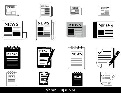 Sammlung von Symbolen für Schwarz-weiß-Nachrichten und Journalismus, die Zeitungen, Notizblöcke, Tablets und Artikel für Medien, Presse und Publikationen darstellen Stock Vektor