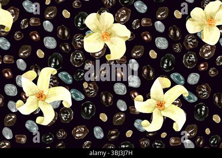 Papayasamen und Blumen nahtloses Aquarellmuster auf Schwarz. Handbemalte Frucht-Clip-Art, perfekt für kulinarische Designs, Textilien und Geschenkpapier Stockfoto