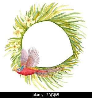 Fliegender goldener Fasan, Palmblätter und Wasserfarbenkranz mit weißen tropischen Blumen. Handgezeichneter Regenwald Natur isoliertes Clipart, Skizzenstil. Exotisch Stockfoto