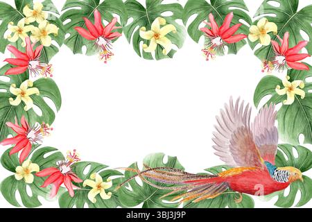Fliegender goldener Fasan, Passionsblume, Monsterablätter, tropisches Laub, horizontaler Rahmen mit Aquarellfarben isoliert auf weiß. Handgezeichnetes Design perfekt Stockfoto