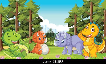 Farbenfrohe Cartoon-Dinosaurier in einer lebendigen Waldszene mit verspielten Ausdrücken und hellen, fröhlichen Farben Stock Vektor