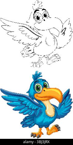 Lebendige Vektor-Illustration eines Nashornvogels mit kräftigen Farben und detaillierten Umrissen, die verspielten Ausdruck und dynamische Pose zeigen Stock Vektor