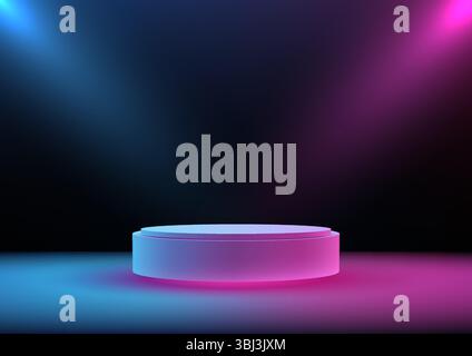 Ein leuchtendes rundes 3D-Podium, beleuchtet von leuchtenden blauen und rosa Spotlights in einem dunklen Raum, perfekt für Technologiemusiken, Produktpräsentationen oder sogar futuristische Themen Stock Vektor
