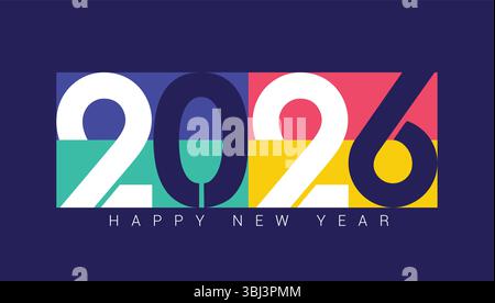 2026 Happy New Year Gruß Clipart Design. Neujahrstext 2026, Kalligraphie und Typografie in bunter Vorlage für den Jahreskalender des Pferdes Stock Vektor