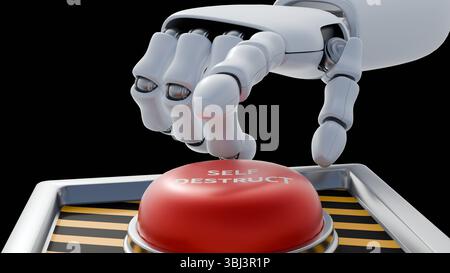 3D-Rendering einer Roboterhand mit definierten Gelenken und Knöcheln, die sich vom Rahmen zu einer roten Schaltfläche mit der Bezeichnung „SELBSTZERSTÖRUNG“ erstreckt. Stockfoto