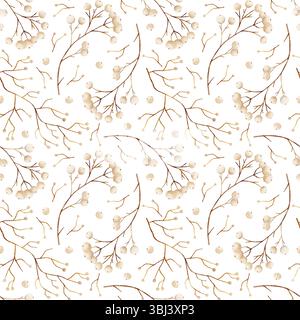 Musterzweig Schneebeere, weiße Beeren, beige goldene Zweige. Aquarellillustration handgezeichnet stilisiert. Nahtloser, eleganter Druck auf isoliertem Hintergrund Stockfoto