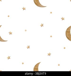 Muster Aquarellillustration Vintage beige Mondsterne mit braunen Punkten. Handgezeichnet im Kinderstil. Nahtloser Druck auf weißem Hintergrund für Stockfoto