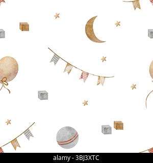 Muster Aquarell Illustration Girlanden Flaggen, Ballonwürfel, beige Mondsterne. Vintage-Spielzeug handgezeichnet im Kinderstil. Nahtloser Druck auf weiß Stockfoto