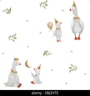 Muster Aquarell Illustration Gänse Sterne Mond in grünen Blättern, Beeren. Gänsehandzeichnung im Retro-Stil. Nahtloser Druck auf weißem Hintergrund für Stockfoto