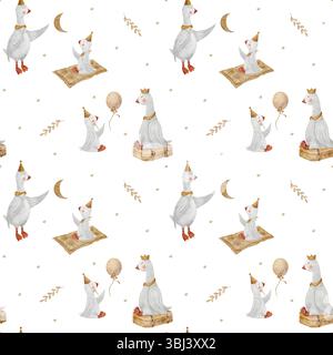 Nahtlose Muster Gänse Dad Mama Baby fängt Sterne Mond. Aquarellabbildung Gänse Hand gezeichnet im Kinderstil auf weißem Hintergrund für die Stockfoto