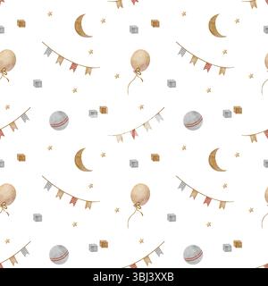 Nahtlose Flaggengirlande, Holzwürfel im Ballon, beige Mondsterne. Aquarellillustration handgezeichnet im Kinderstil auf weißem Hintergrund Stockfoto