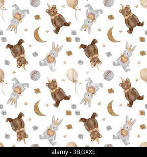 Nahtloses Muster Vintage Spielzeug Kaninchen, Teddybär, Mond, Sterne, Holzwürfel, Kugel. Aquarellillustration von Tieren handgezeichnet auf weißem Hintergrund Stockfoto
