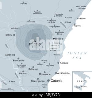 Ätna, graue politische Karte. Ätna, auch Mongibello genannt, ein aktiver Stratovulkan an der Ostküste Siziliens in der Metropolstadt Catania. Stockfoto