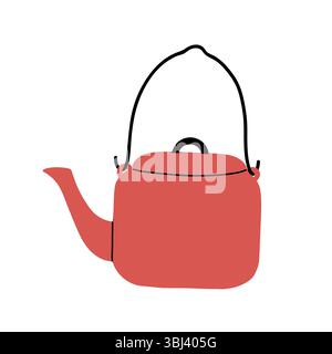 Roter Camping Wasserkocher, Handgezeichnete Flache Illustration Stock Vektor