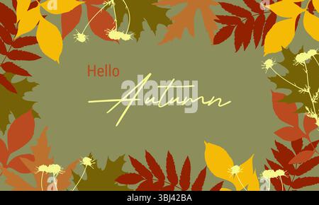 Hello Herbstbanner, Hintergrund mit Herbstlaub Stempel und Inschrift. Rahmen, Rahmen. Vektorabbildung Stock Vektor