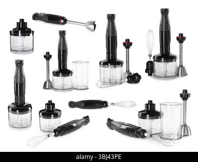 Modernes Stabmixer-Kit isoliert auf weiß, Collage Stockfoto