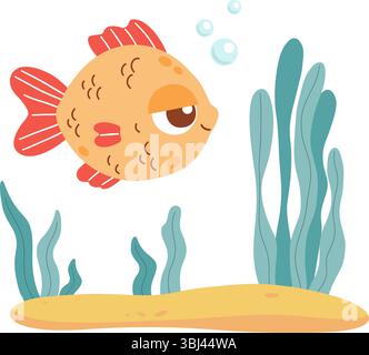Niedliche Meeresfische und Pflanzen Algen auf dem Sandboden. Lustiges Tier mit Zeichentrickfigur. Unterwasserlandschaft. Vektorabbildung. Kinder Coll Stock Vektor
