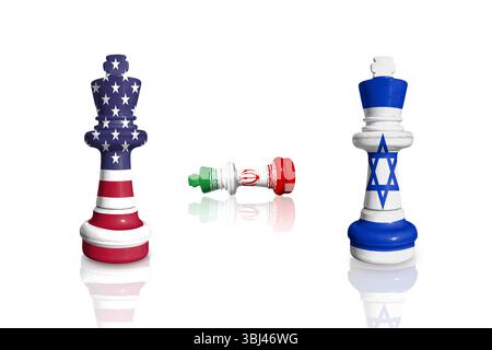 Schach aus USA, Israel und Iran-Fahnen auf weißem Hintergrund Stockfoto