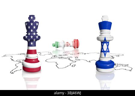 Schach aus USA, Israel und Iran-Fahnen auf weißem Hintergrund Stockfoto