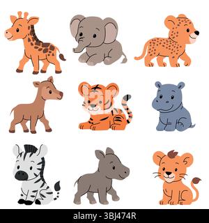 Cute baby African animals set, cartoon safari wild animal collection, giraffe, elephant, cheetah, antelope, tiger, hippo, zebra, rhino, lion cub, flat Stock Vektor