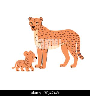 Cartoon Gepard Mutter und Baby, süße wilde Tiere, flache Vektor-Illustration, handgezeichnete afrikanische Safari-Familie, isoliert auf weißem Hintergrund, einfach Stock Vektor