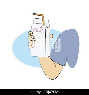 Nahaufnahme Hand, die Milchpapierbox hält Illustration Vektor Hand gezeichnet mit schwarzen Linien isoliert auf weißem Hintergrund. Stock Vektor