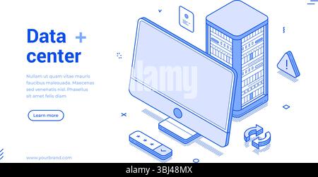 Isometrisches Design eines Rechenzentrums mit Computermonitor und Server. Die Abbildung zeigt verschiedene Funktionen, einschließlich Sicherheit und Konnektivität Stock Vektor