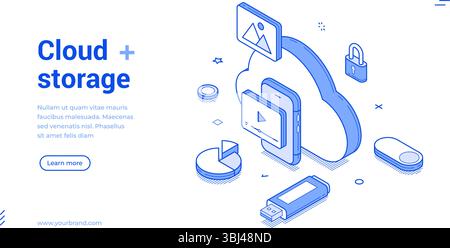 Das moderne isometrische Linienbanner veranschaulicht Cloud-Speicherkonzepte mit einem Cloud-Symbol, Geräten und Sicherheitselementen. Es dient als Vorlage für d Stock Vektor