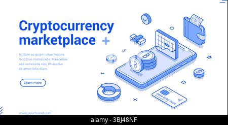 Isometrisches Liniendesign eines Kryptowährungs-Marktplatzes mit digitalen Münzen, einem mobilen Gerät und einer Geldbörse. Moderne Vorlage vermittelt Innovationen in Stock Vektor