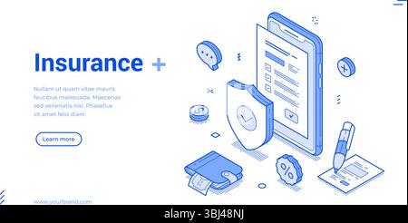 Isometrisches Linienbanner, das Versicherungsdienstleistungen hervorhebt, einschließlich eines Mobilgeräts, Dokumente und eines Schildsymbols. Es vermittelt moderne digitale Lösungen für Stock Vektor