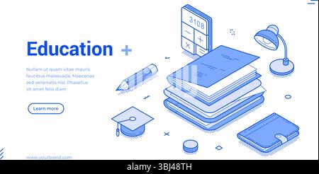 Das isometrische Linienbanner enthält verschiedene Schulungswerkzeuge, darunter Bücher, einen Taschenrechner, eine Lampe und eine Graduierungskappe. Er betont die Bedeutung von le Stock Vektor