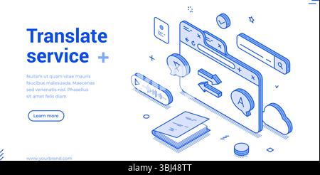 Isometrisches Linienbanner mit Schwerpunkt auf einem Übersetzungsdienst. Es enthält moderne Vektorabbildungen wie Dialogblasen, Dokumente und verschiedene Symbole r Stock Vektor