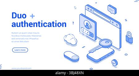 Modernes isometrisches Banner mit Schwerpunkt auf dualer Authentifizierung und einer Benutzeroberfläche mit Symbolen zur Überprüfung. Es betont die Sicherheit bei Online-Zugriffen Stock Vektor