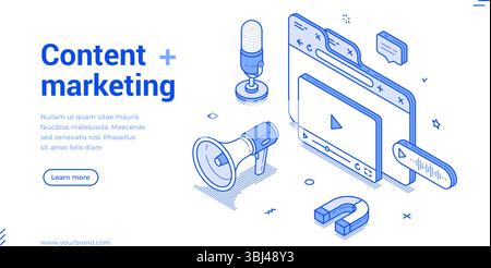 Die Abbildung zeigt moderne isometrische Liniendesign-Elemente, die sich auf Content-Marketing konzentrieren. Mit Symbolen wie Mikrofonen, Lautsprechern und Multimedia-en Stock Vektor