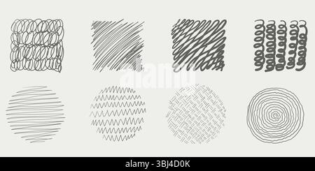 Handgezeichnete Vektorformen und Kritzeleien. Abstraktes, zeitgenössisches Doodle-Set aus runden Stiftkreisen und Graffiti-Linien. Schwarze isolierte Skizze ein Stock Vektor