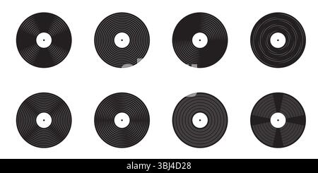 Sammlung von Schallplatten-Ikonen Plattenspieler-LP-Musik-Discs für die Disco-Party der alten Schule Vintage DJ-Tools für nostalgische Veranstaltungen Vektor isoliert Stock Vektor