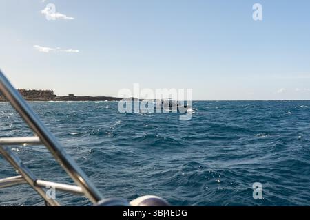 Taucher, die mit einem Motorboot auf den Weg zum Meer gehen, um einen Tauchausflug zu Unternehmen, mit einer felsigen Küste im Hintergrund Stockfoto
