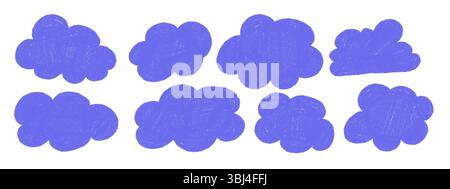 Handgezeichnete Wolken mit pastellfarbener Bleistiftstruktur. Kindliches Doodle flauschiges Wolkenset. Vektorabbildung Stock Vektor