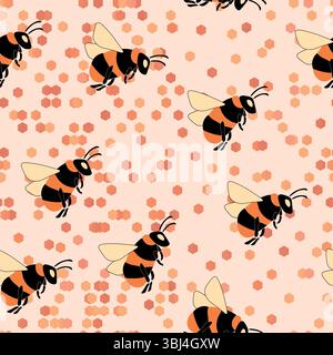 Nahtloses Muster mit Bienen. Kleine Wespe. Vektorabbildung. Design für Einladung, Karten, Textil, Stoff. Doodle-STYLE Stock Vektor